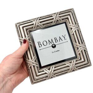 Vintage Bombay Silver Tone‎ Photo Frame Textured Geometric Design 5x5 Tabletop
